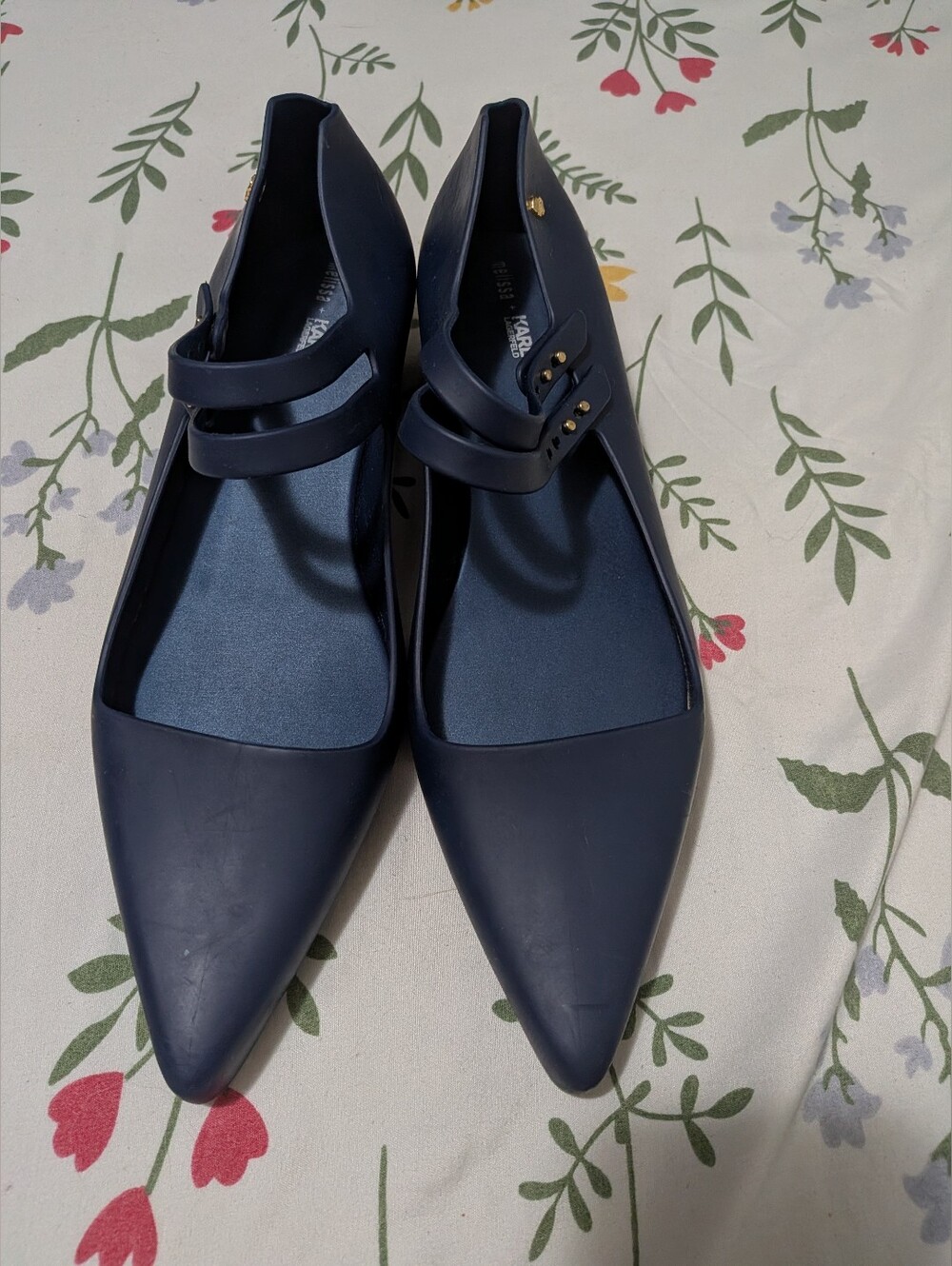 Melissa/Karl Lagerfeld Navy Pointed Mary Jane Flats with Double Straps